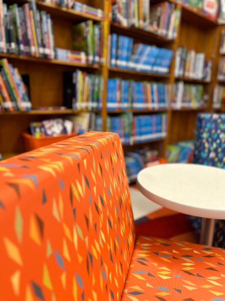 media center books and chair